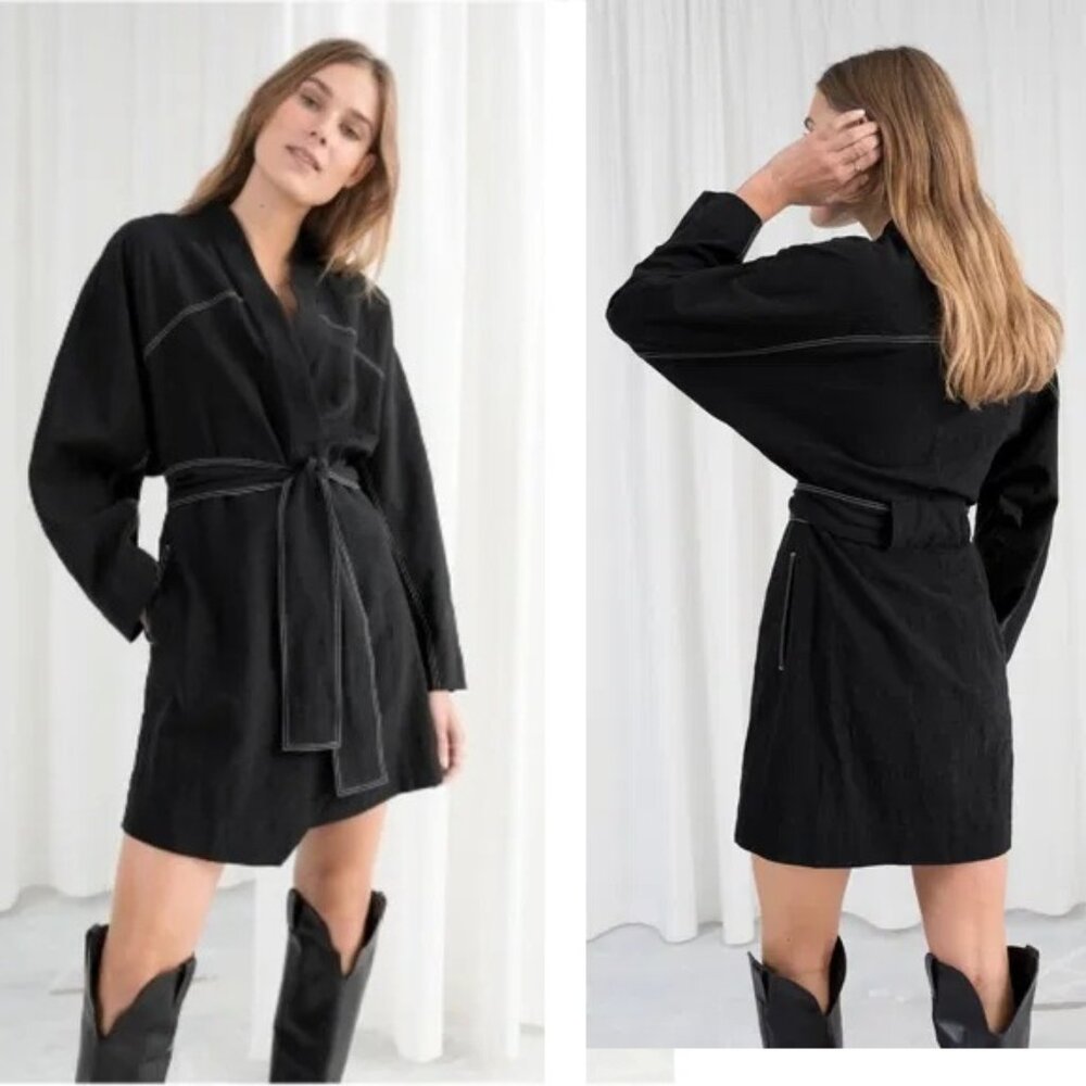 & Other Stories Capsule Black Belted Kimono Wrap Dress Size 4‎ Contrast Stitch
